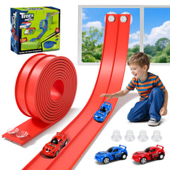 KETIEE Flex Tracks 16ft bendable racetrack on the living room floor invites imaginative racing.