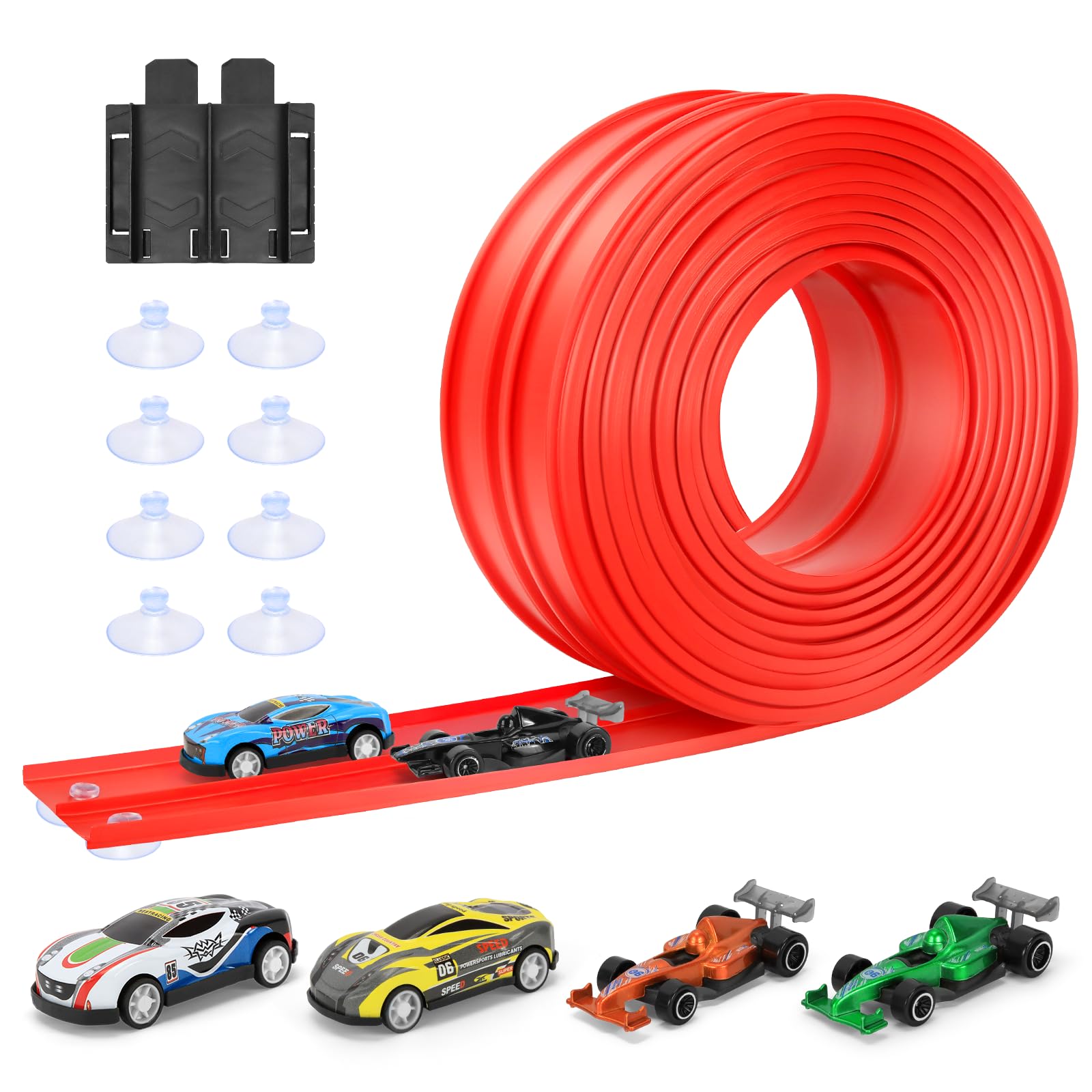 KETIEE Flex Tracks 16ft setup for two-lane races, inviting imaginative play indoors or outdoors.