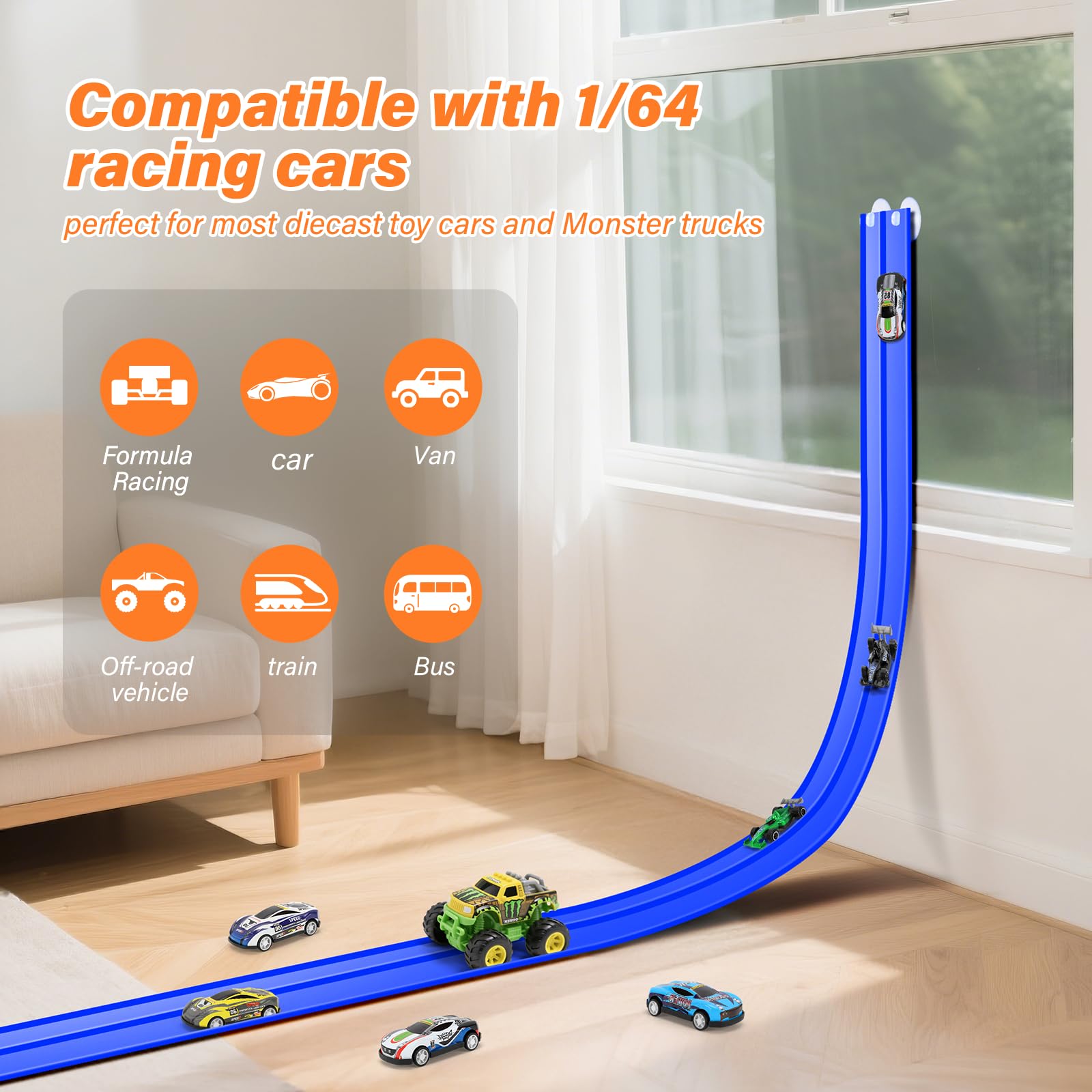 Eight suction cups securing the track to a smooth surface