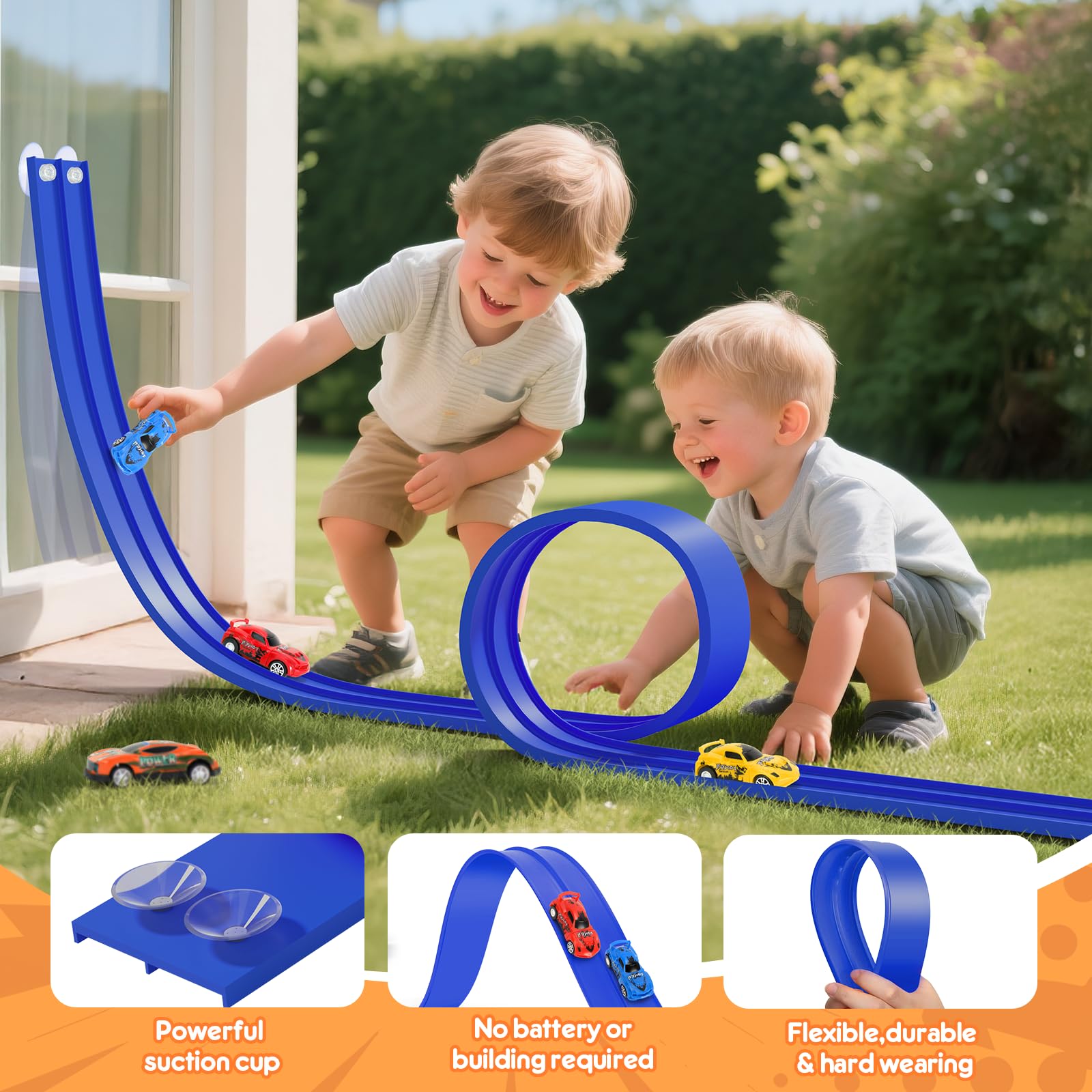 KETIEE Flex Tracks suction cups grip a table for stable play.