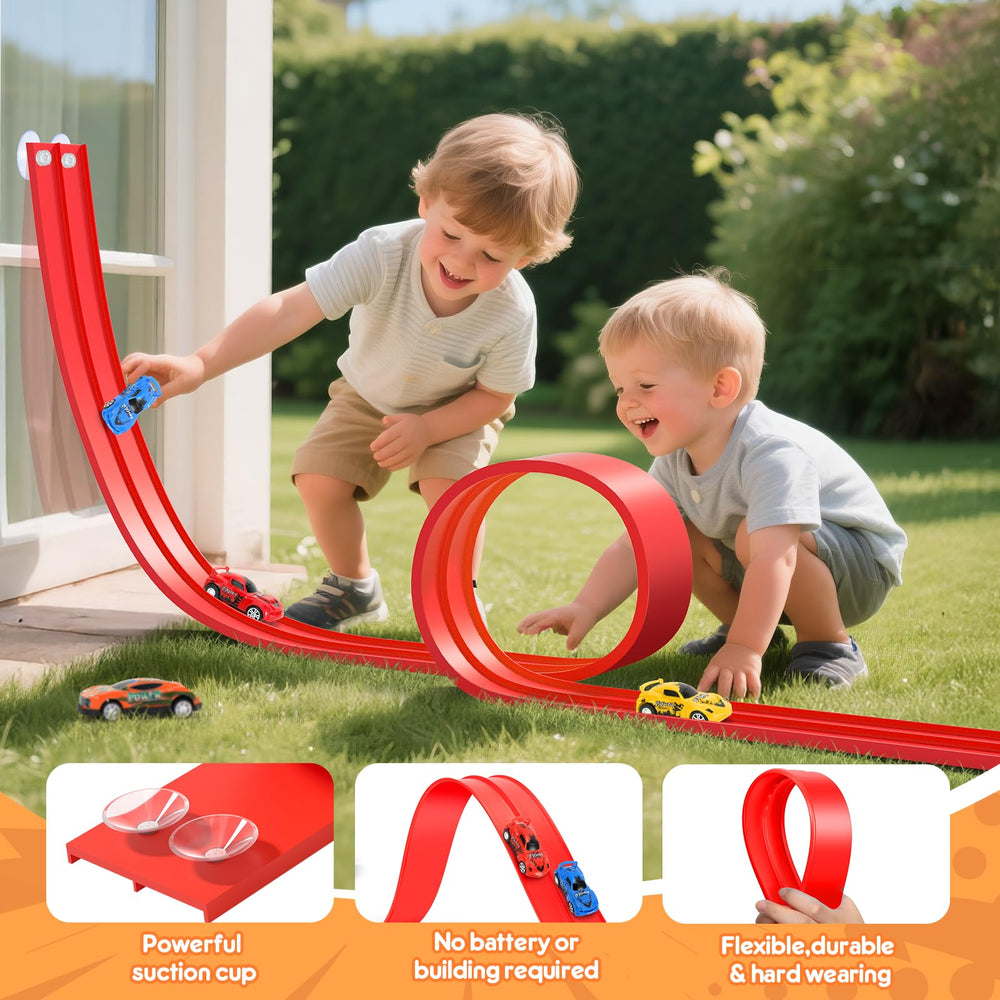 KETIEE Flex Tracks suction cups secure smooth surfaces for versatile play.