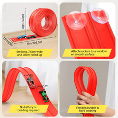 KETIEE Flex Tracks cling to smooth surfaces like glass or countertops for spontaneous races.