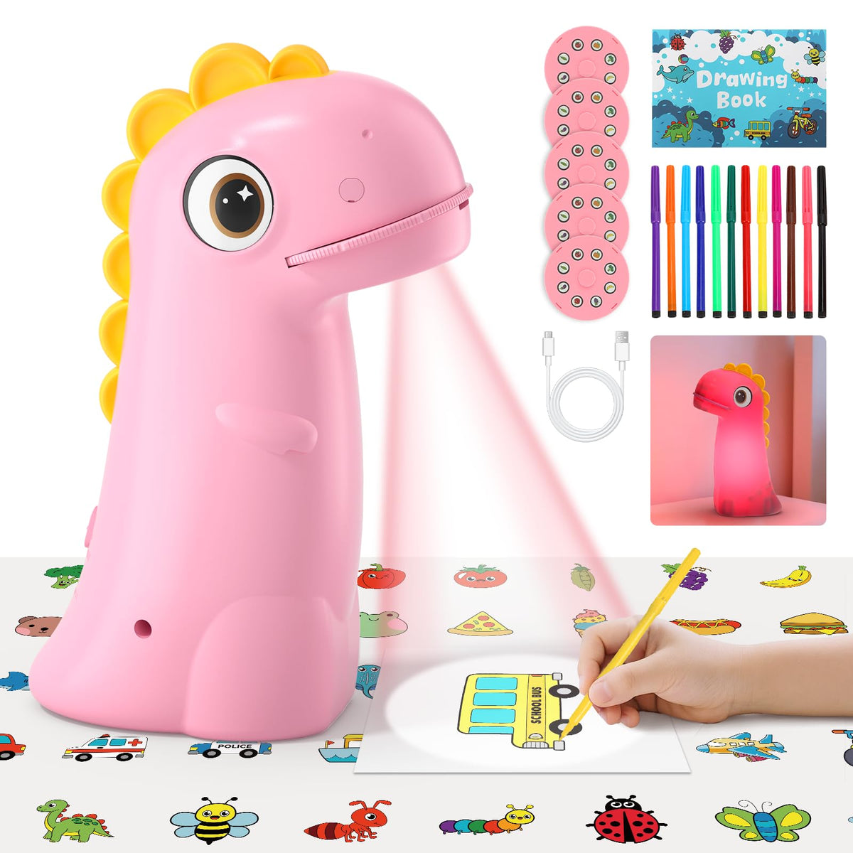 KETIEE rechargeable drawing projector showing dinosaur tracing patterns for kids' creativity