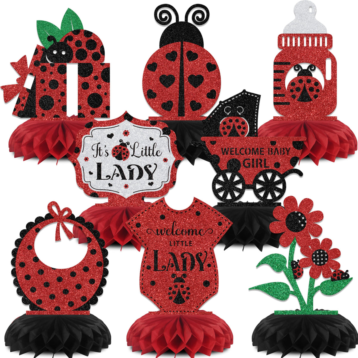 KEWUFD ladybug honeycomb centerpiece on a cake for a baby shower