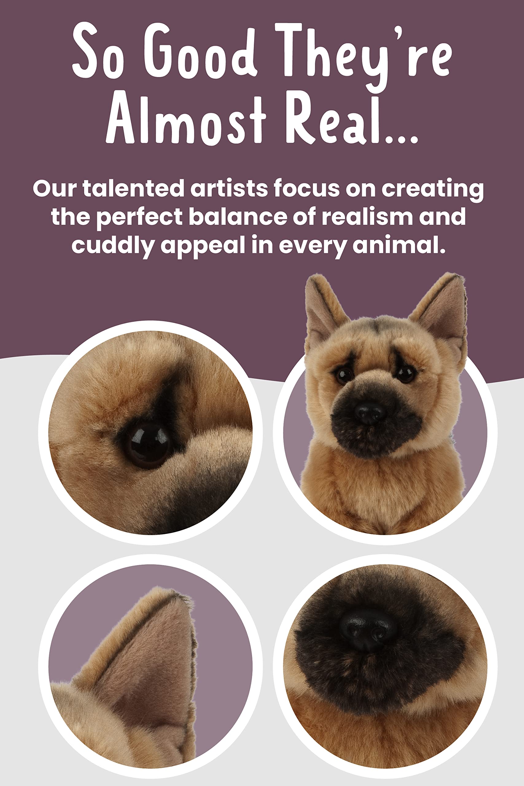 Keycraft Living Nature German Shepherd lifelike eyes and hand-shaded fur for authentic charm.