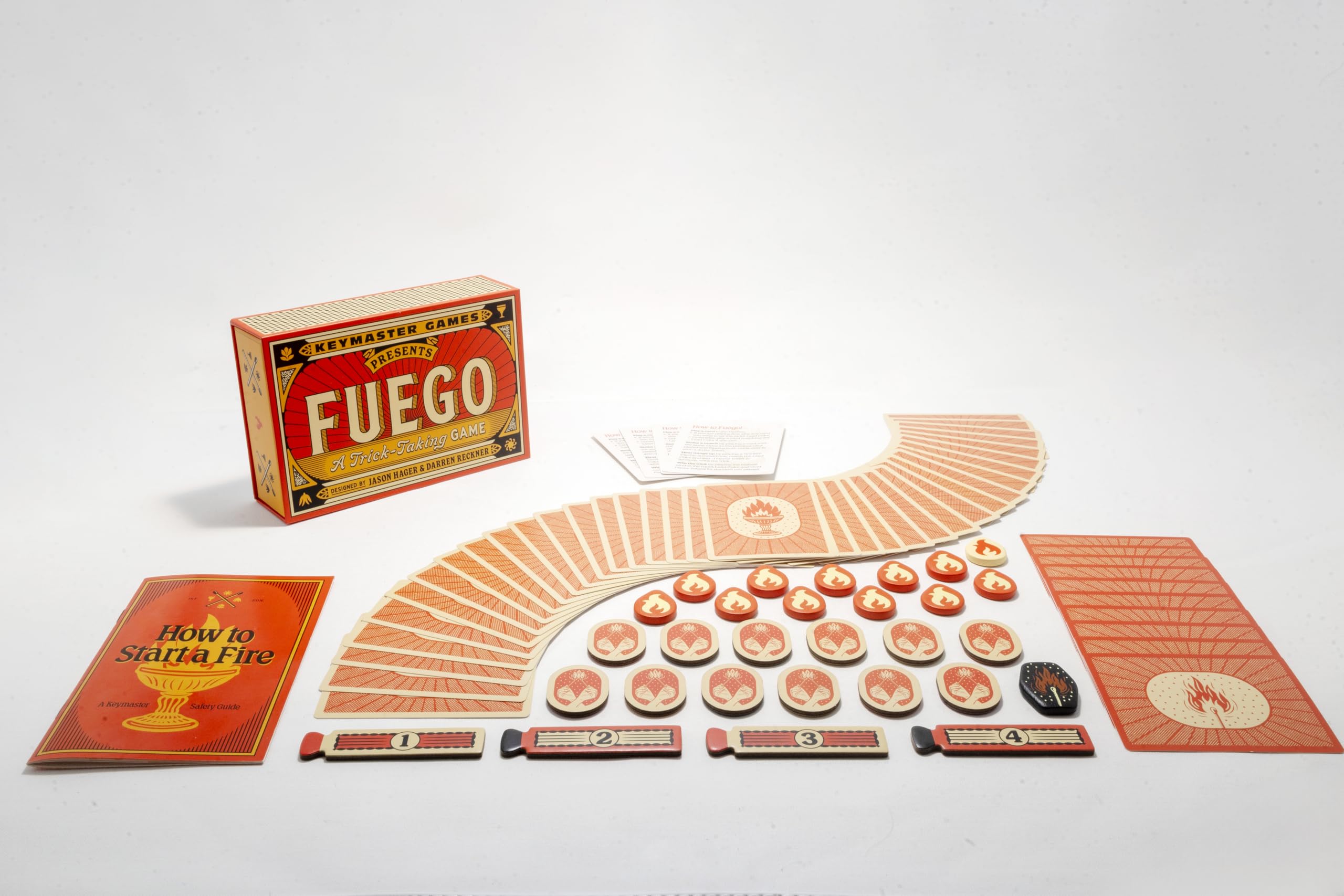 Keymaster Games Fuego flame tokens close-up for strategic scoring