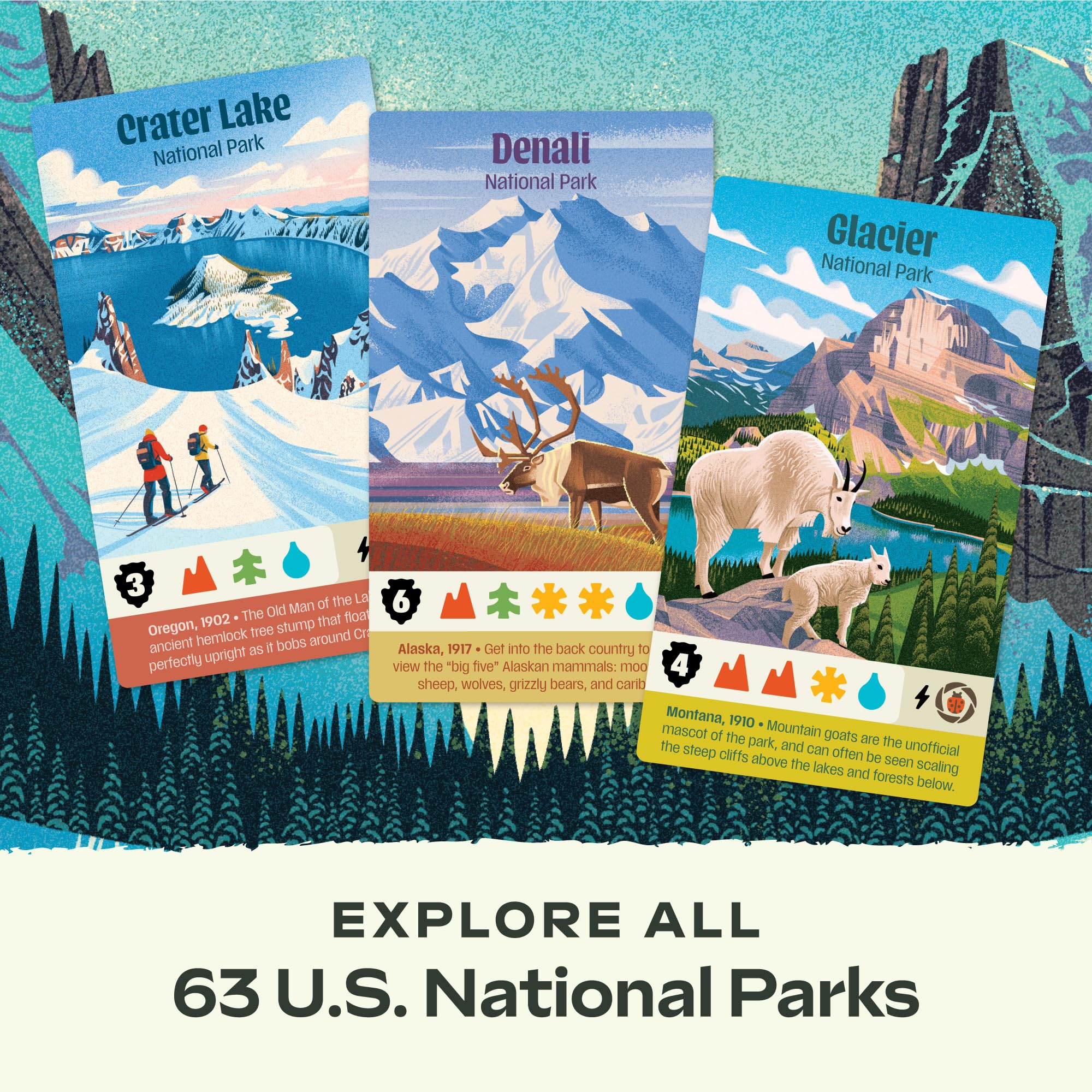 Keymaster Games Parks Base Camp linen finished cards with iconic park illustrations for tactile gameplay