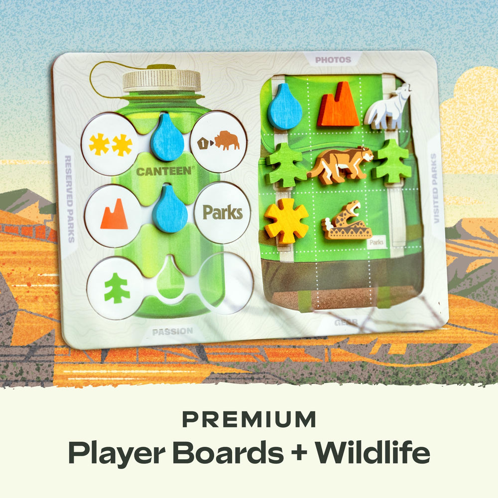 Keymaster Games Parks premium wood pieces represent outdoor adventures