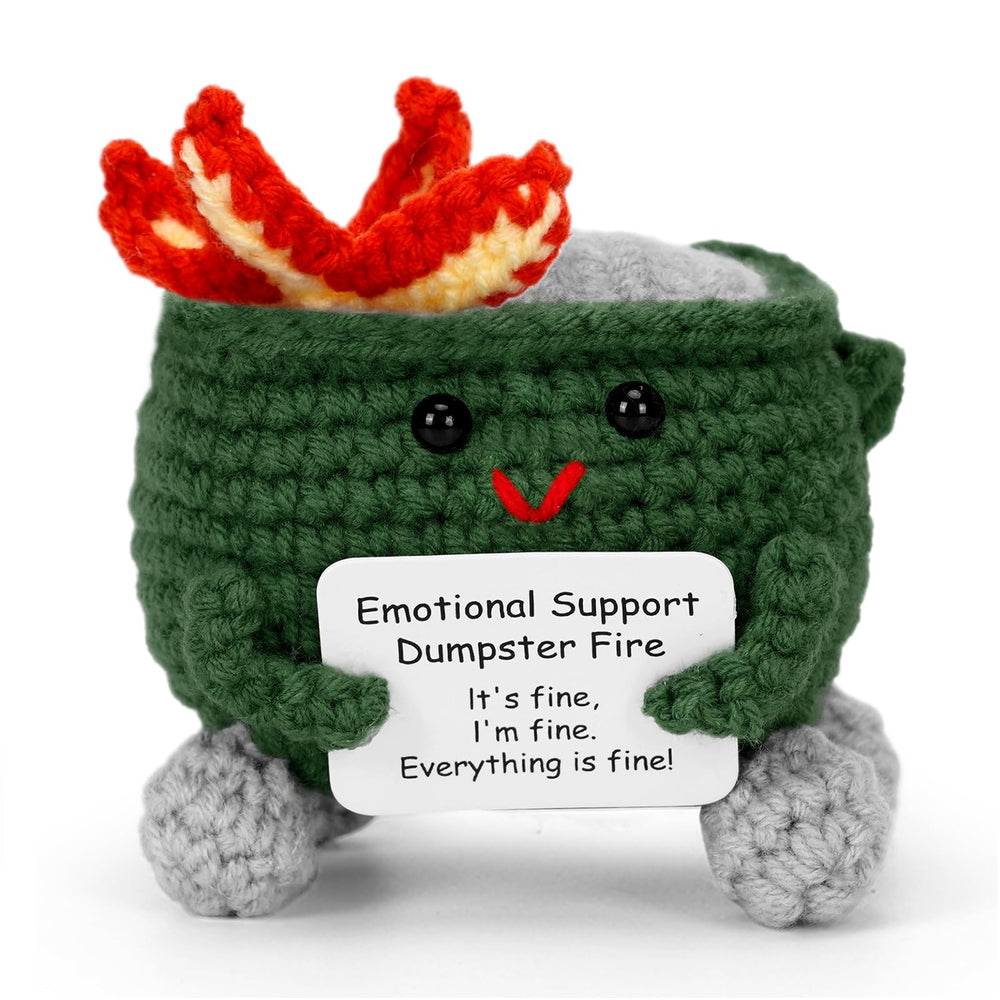 Keyrose emotional support dumpster fire crochet with a positive card for desk inspiration.