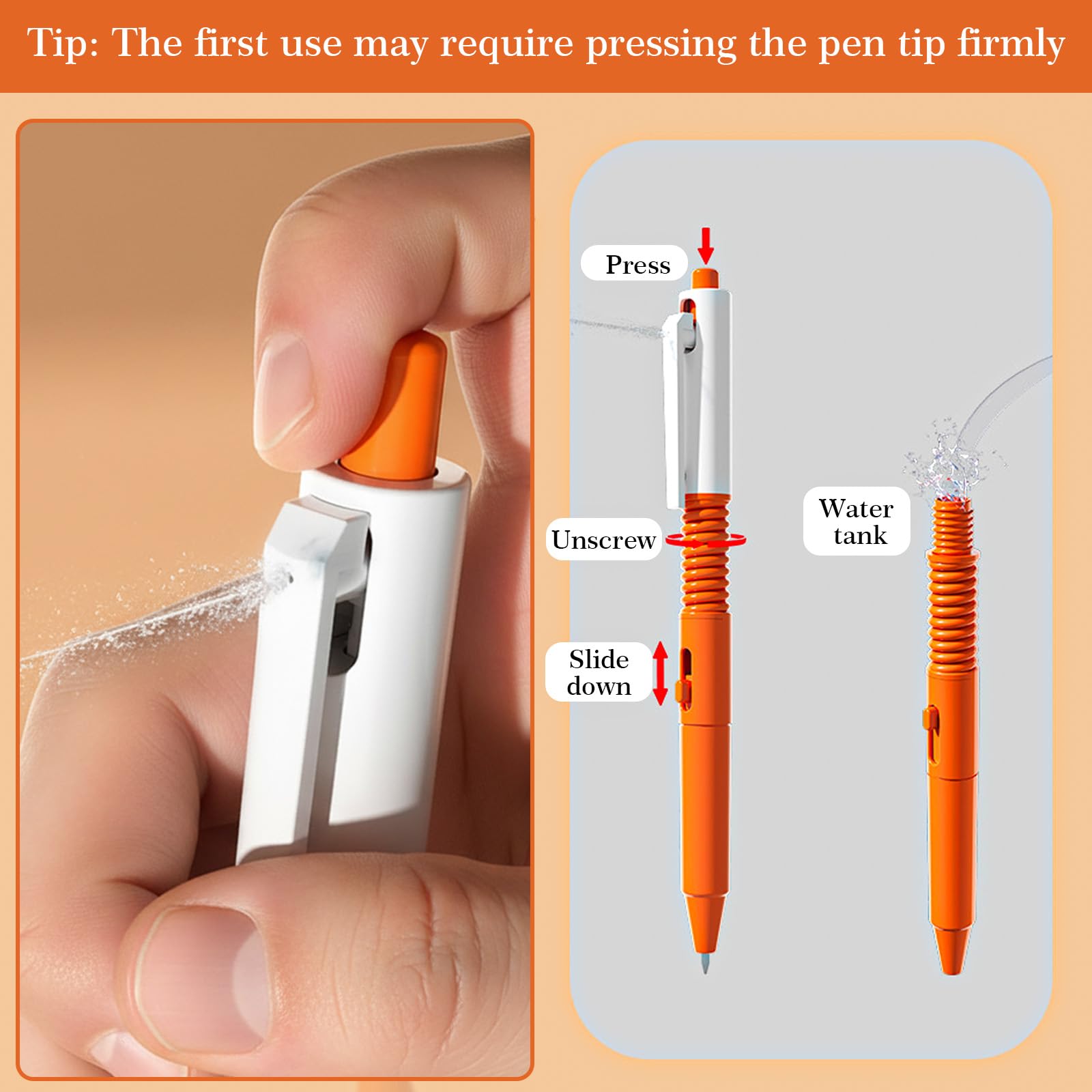 KFHENSOMR orange water spray pen showcases spray feature for classroom fun