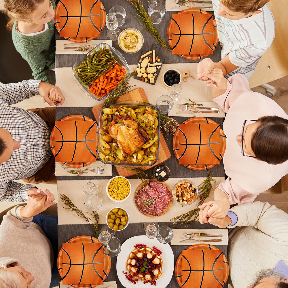 KFJBPB basketball party mockup on table inviting guests to enjoy food.
