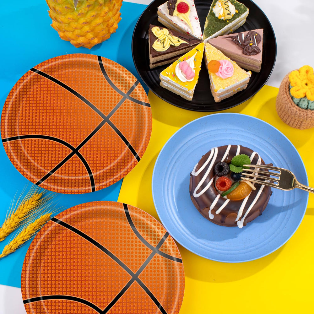 KFJBPB basketball plates stack close-up highlighting tear-resistant paper.