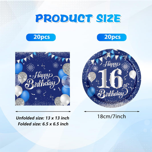 KHAIVI 16th birthday napkins in blue and silver complete the set