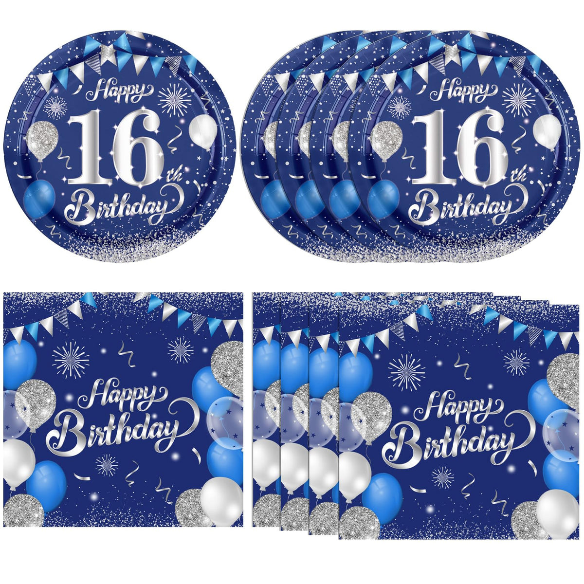 KHAIVI 16th birthday plates in blue and silver brighten the table