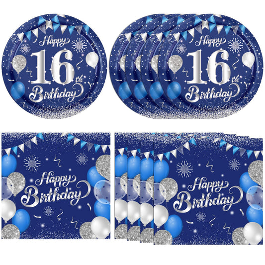 KHAIVI 16th birthday plates in blue and silver brighten the table