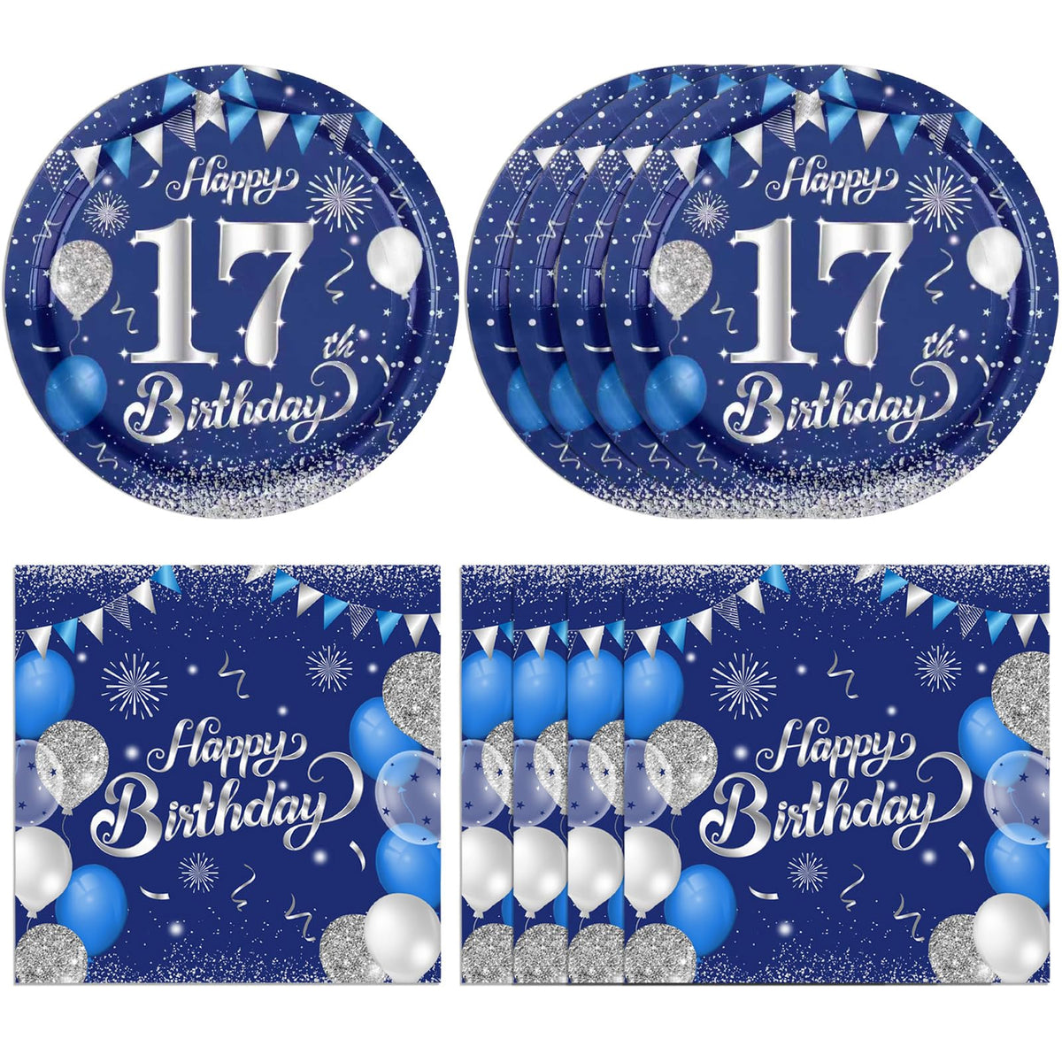 KHAIVI 40pcs blue-silver 17th birthday plates and napkins set elevates teen party decor