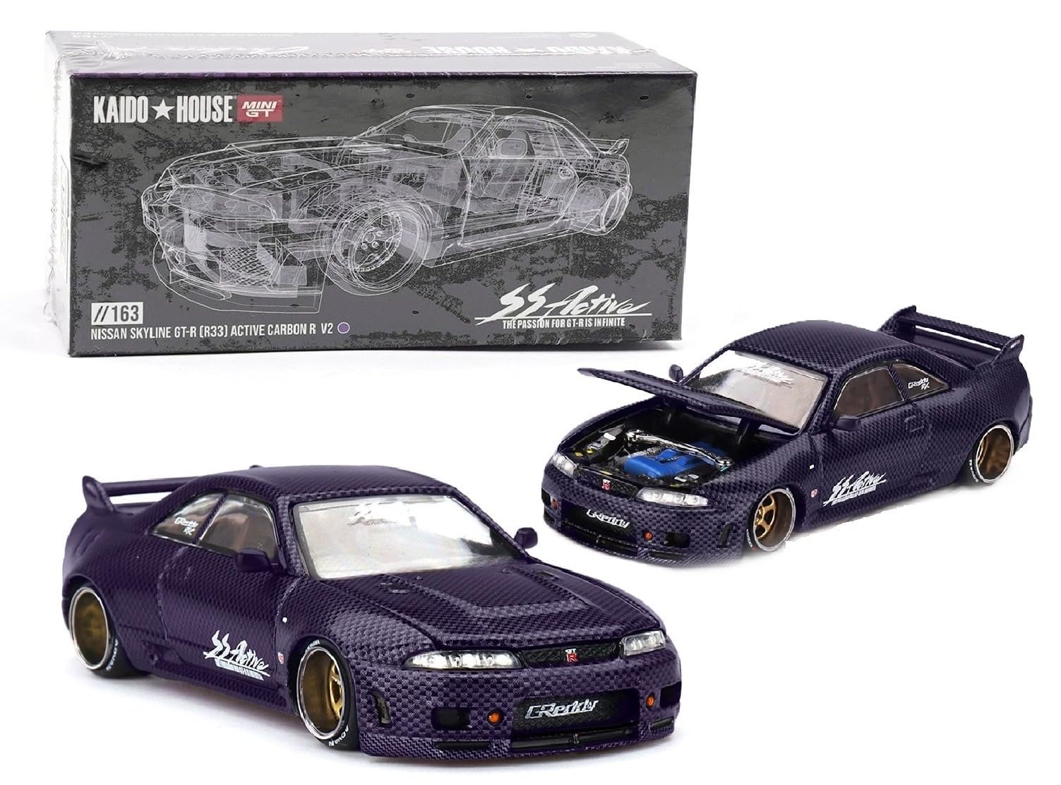 KHMG163 Kaido House Mini GT Nissan Skyline GT-R R33, active carbon purple, detailed exterior for display
