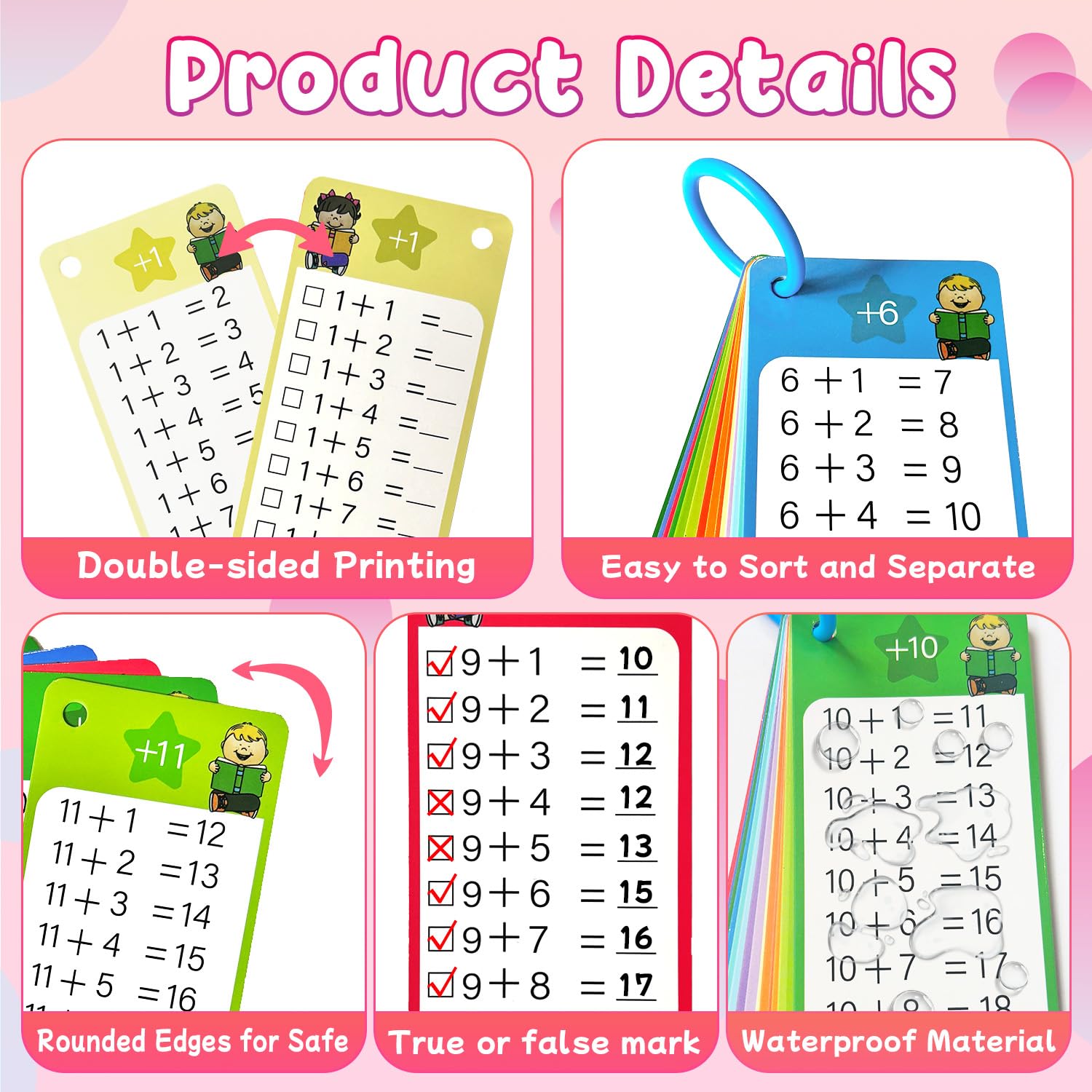 Kiadekoce Addition Flash Cards binder rings for easy organization.