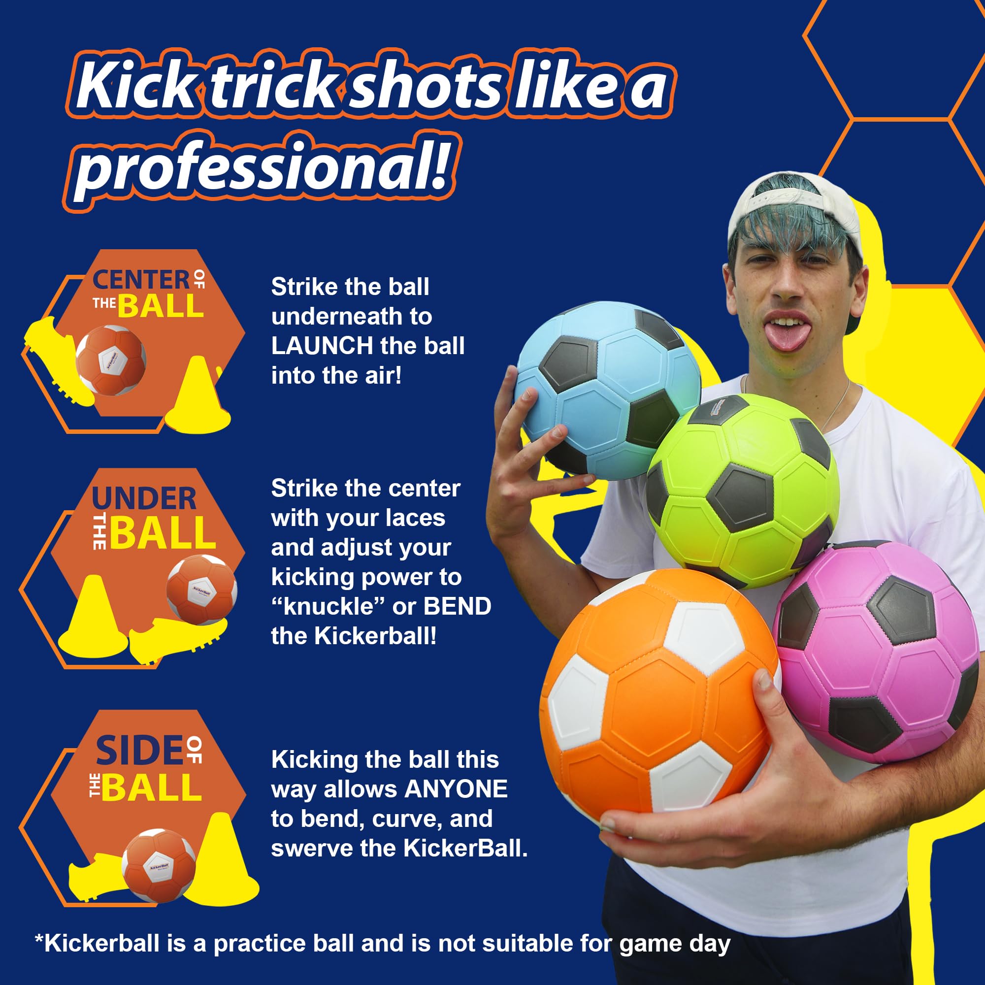 Kickerball aerodynamic-construction shows smoother trajectories for practice drills.