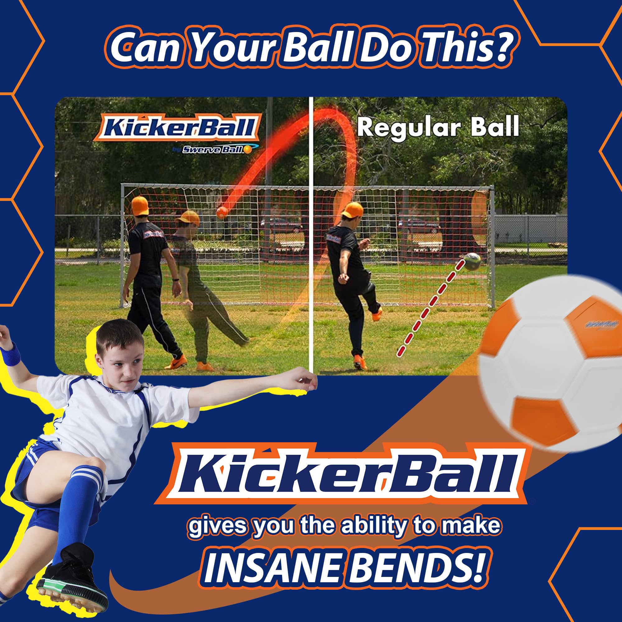 Kickerball proprietary-panels closeup showcases innovative surface for curved shots.