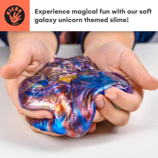Close-up of swirling galaxy slime colors in Kicko kit for mesmerizing texture.