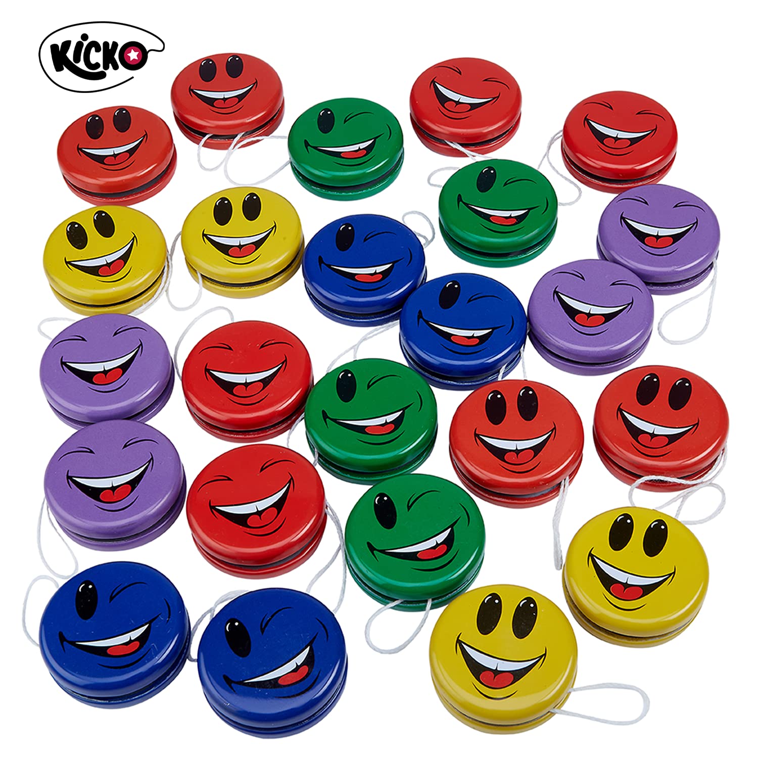 Kicko themed party bags showcase bright smiley toys for a festive vibe.