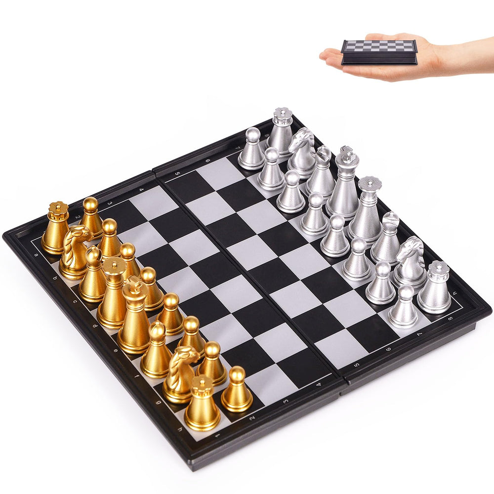 KICTERO mini chess board open with magnetic pieces for portable, screen-free play.