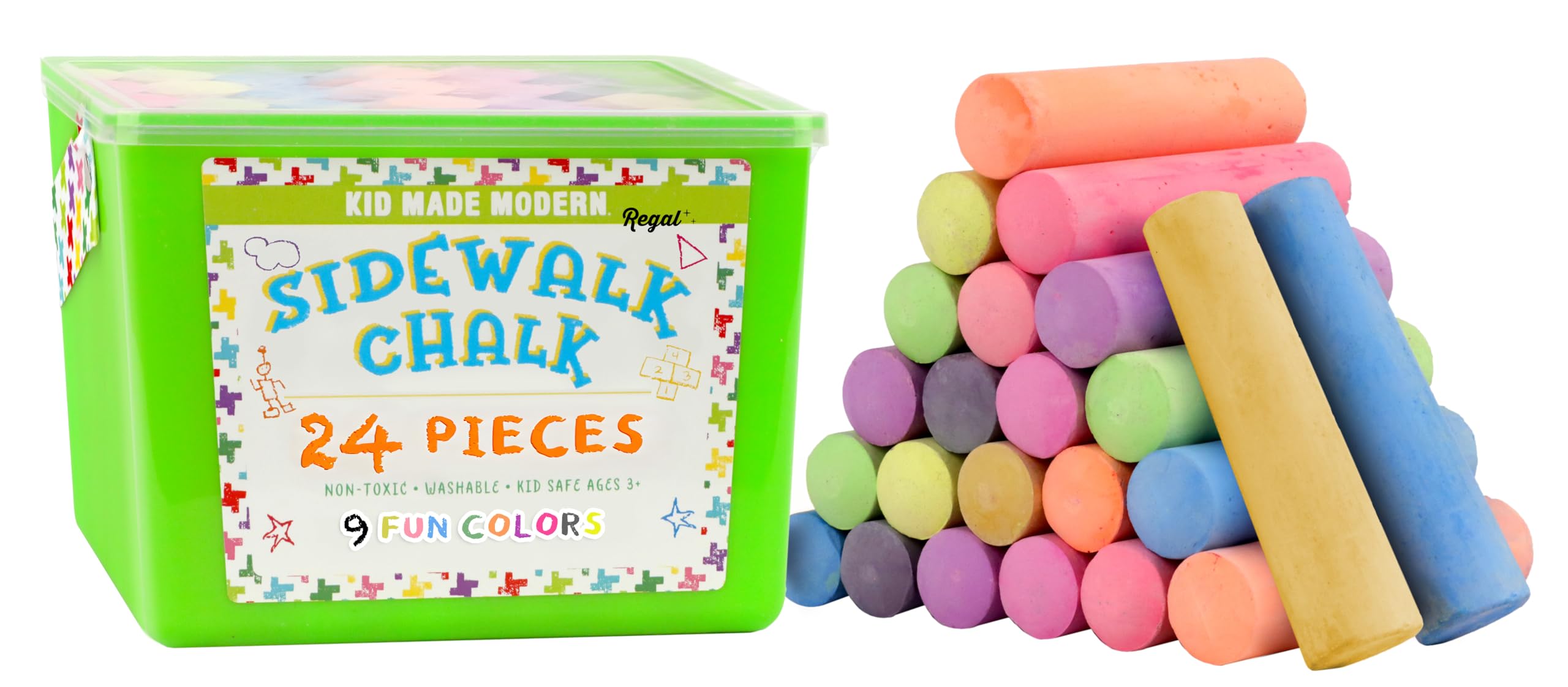 Kid Made Modern sidewalk chalk bucket with 24 sticks ready for outdoor art.