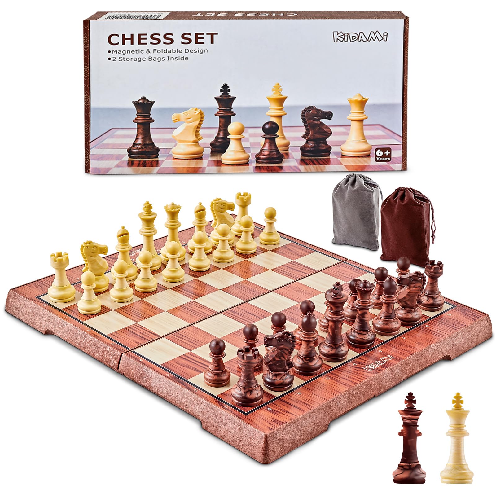 KIDAMI magnetic travel chess set open board for on-the-go play.