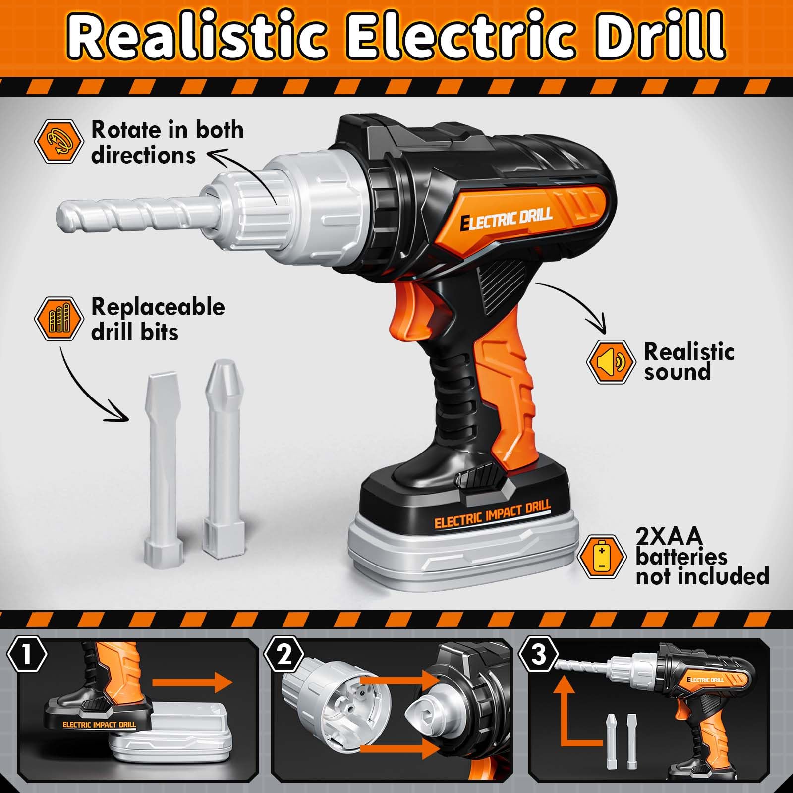 KidBloom battery-operated drill showing realistic spin for pretend construction