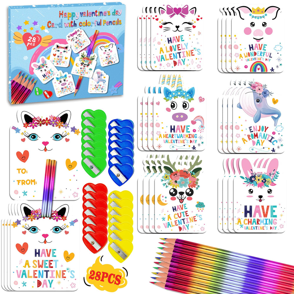 Kiddelo valentines cards with rainbow pencils showcase cute animal designs for classroom exchanges