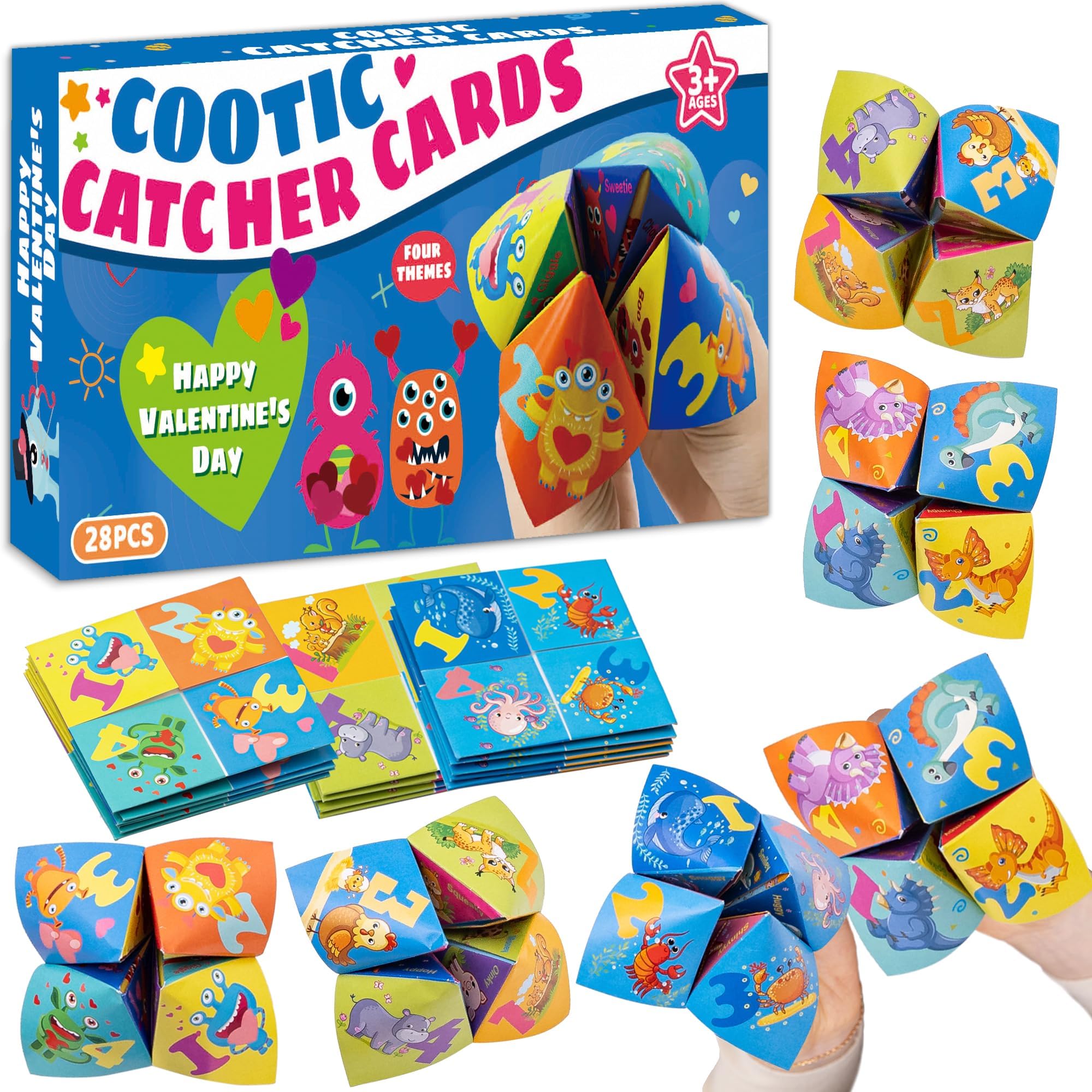 Kiddelo cootie-catcher monsters card with vivid classroom-friendly design