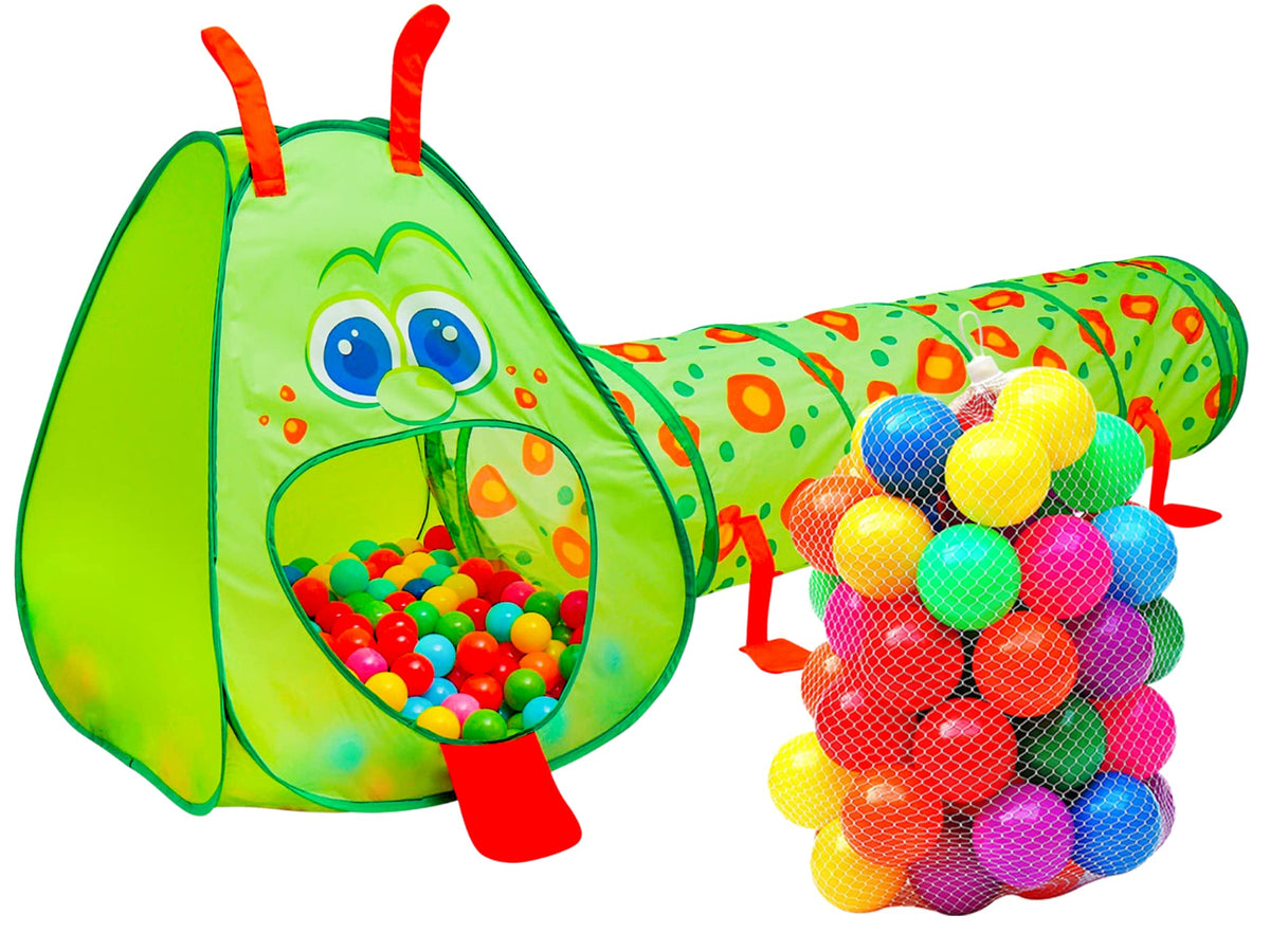 Kiddey Caterpillar tunnel exterior view with colorful balls, ideal for active toddlers.