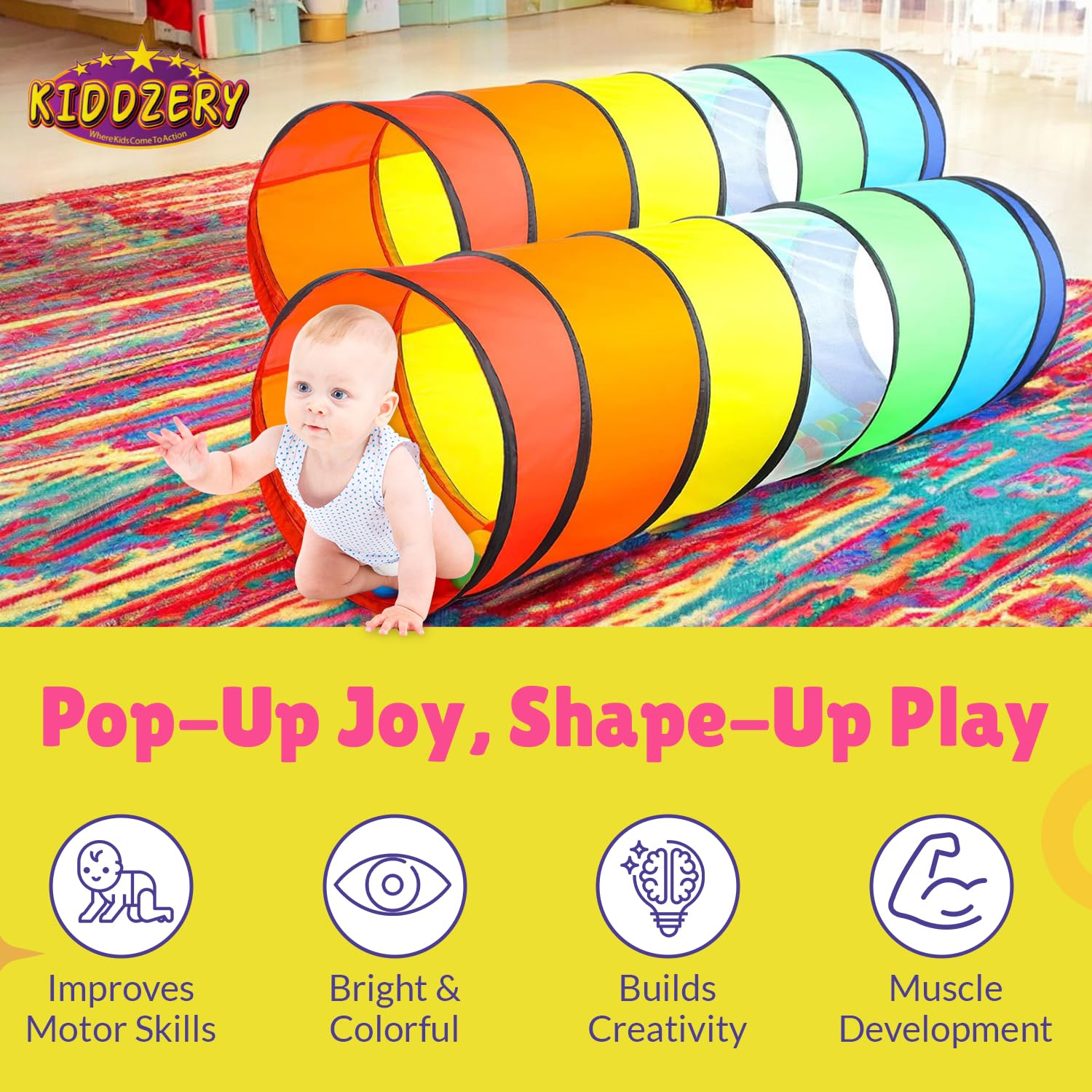 Kiddey colorful tunnel encourages interactive play and imaginative exploration.
