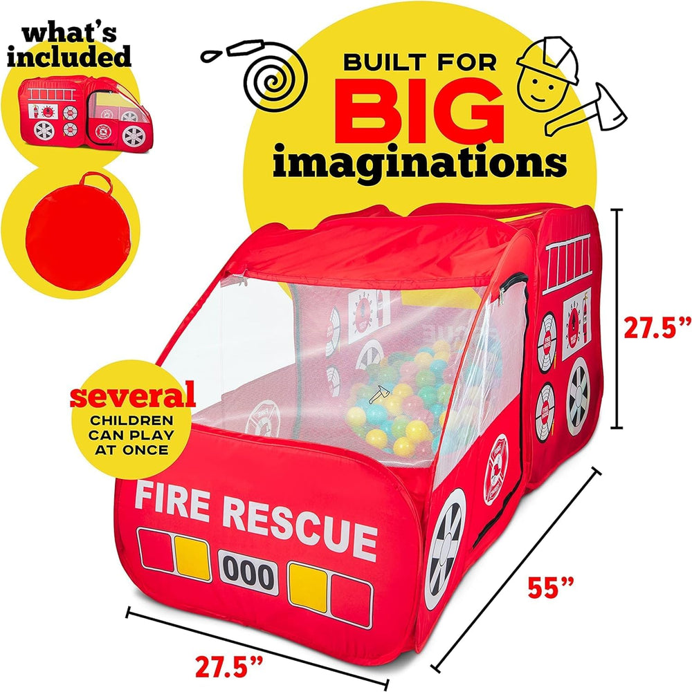 Kiddey extinguisher and hose motifs enhance immersive pretend rescues.