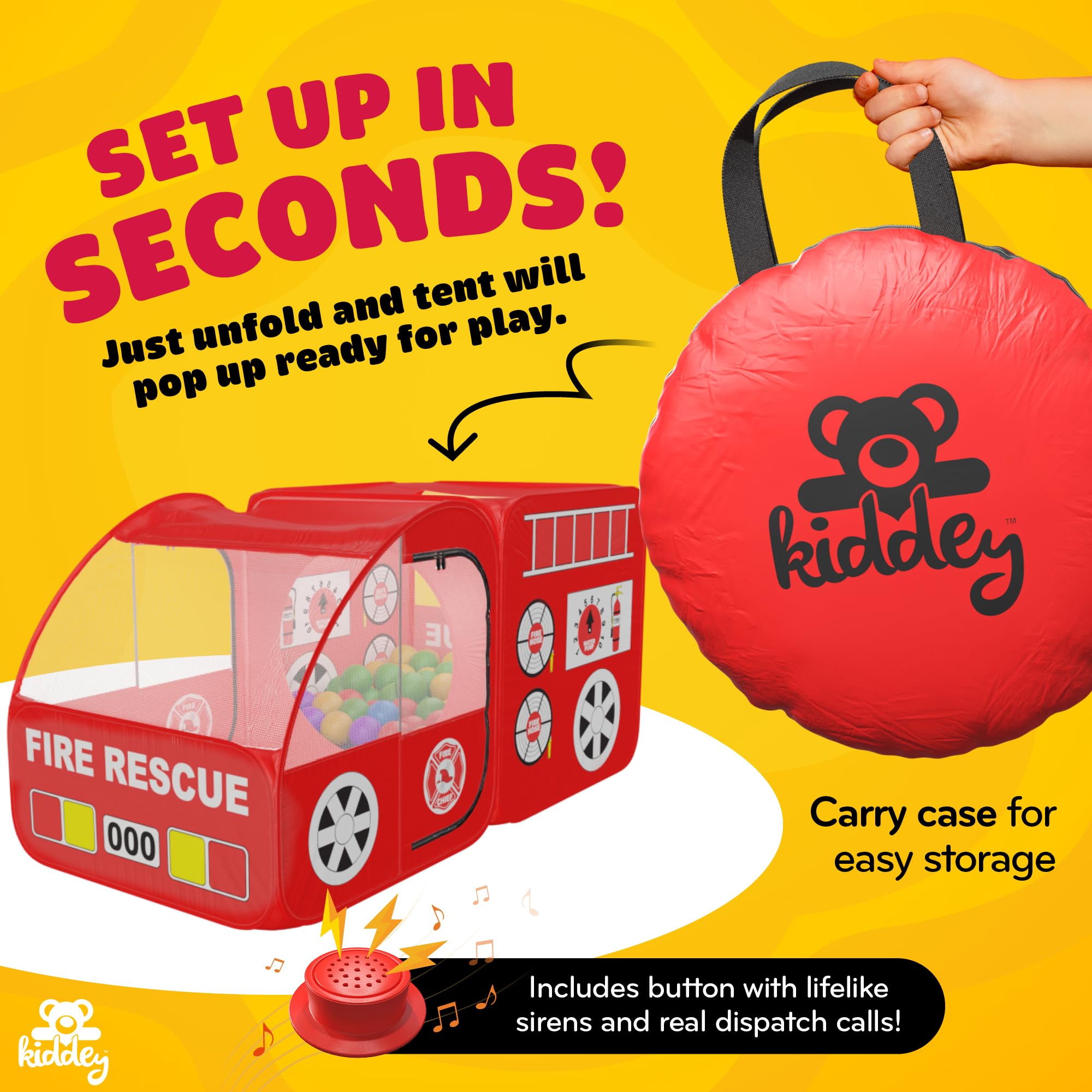 Open Kiddey fire truck tent showing interior dimensions 55x28x28 inches