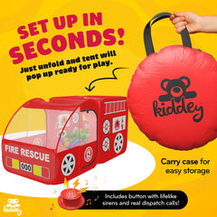 Open Kiddey fire truck tent showing interior dimensions 55x28x28 inches