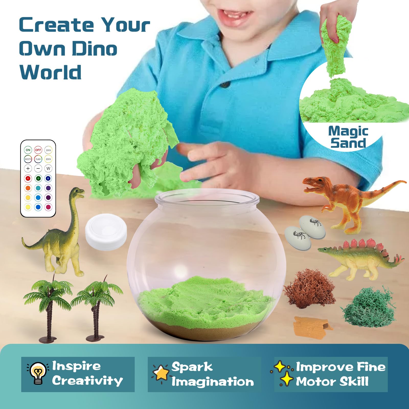 Kiddgroo moss and magic sand add texture to the terrarium setup