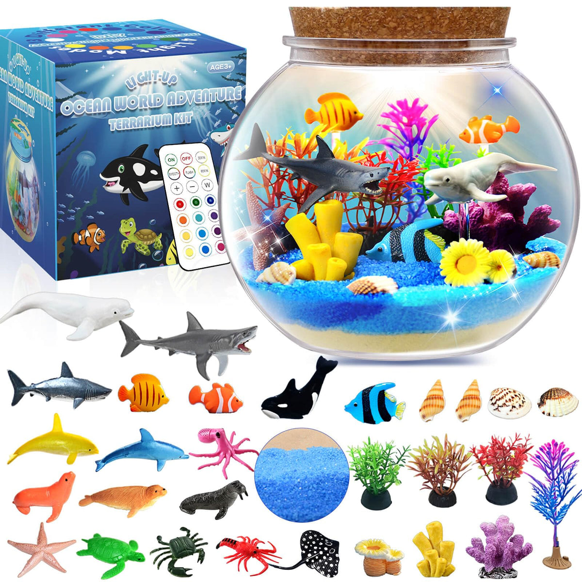 kiddgroo Ocean Light Up Terrarium Kit front view for creative play and ambient glow.