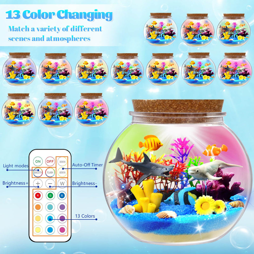 kiddgroo Ocean Light Up Terrarium Kit decorative plants and tiny critters in a magical habitat.