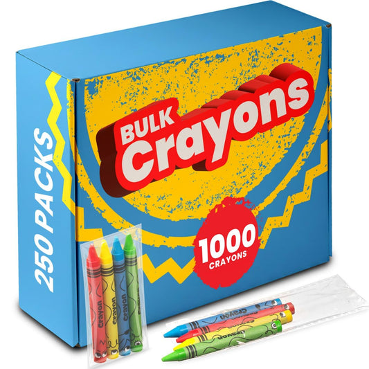 KiddieLoot bulk crayons outer box packaging highlights easy bulk distribution for parties and classrooms