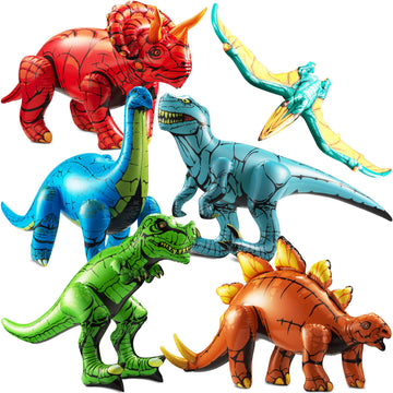 KiddieLoot six-piece inflatable dinosaurs for backyard play and party decor.