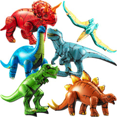 KiddieLoot six-piece inflatable dinosaurs for backyard play and party decor.