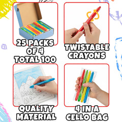 25 four-pack sets simplify distribution and party favors with KiddieLoot twistable crayons