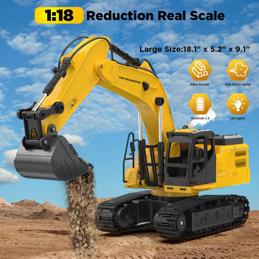 KIDDITOY RC excavator showing 680-degree rotation for precise, immersive pretend construction.
