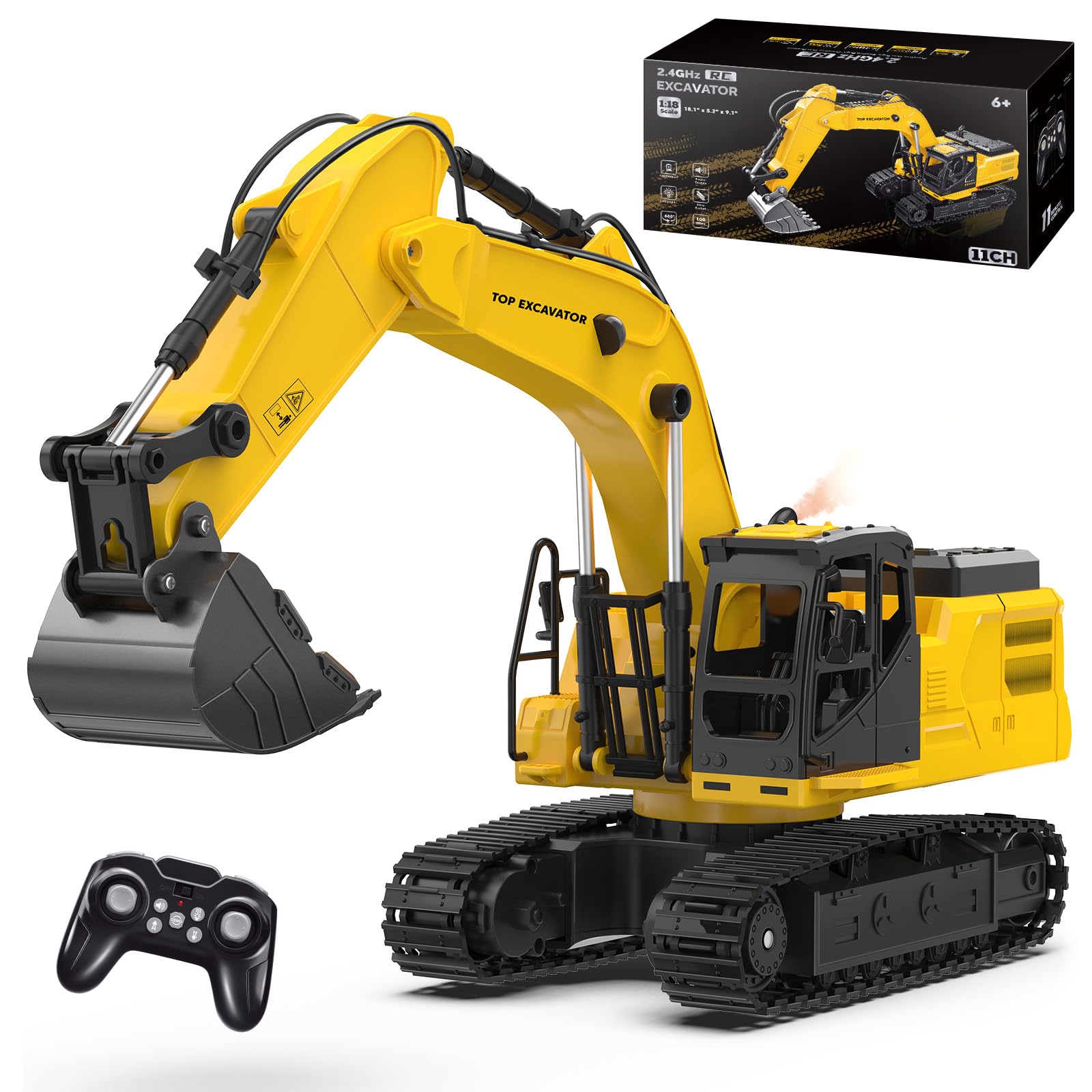 KIDDITOY 1:18 metal RC excavator digging with a durable alloy bucket for realistic play.