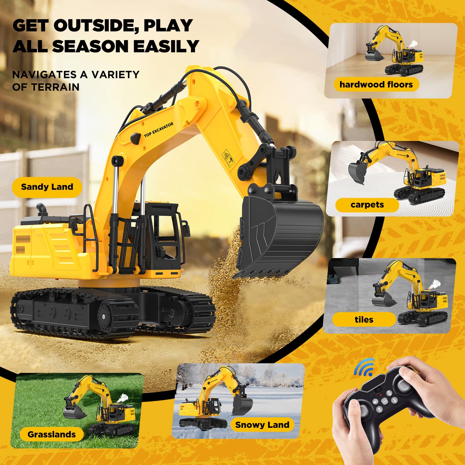 KIDDITOY rugged rubber tracks handle sand, dirt, or carpet with steady traction.
