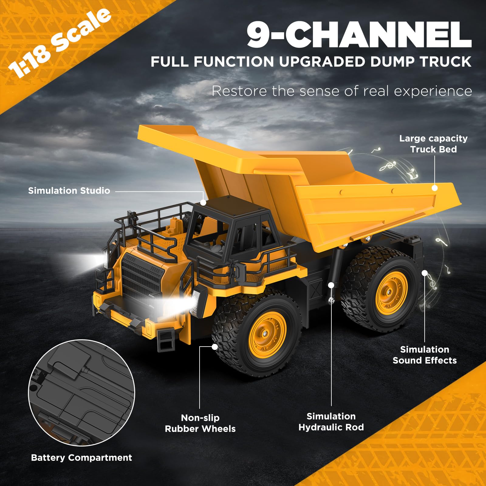 KIDDITOY 9-channel RC dump truck side view highlighting rugged all-terrain tires.