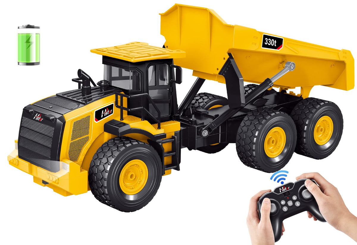KIDDITOY Mighty RC dump truck with dump-bed showing sturdy build for outdoor play