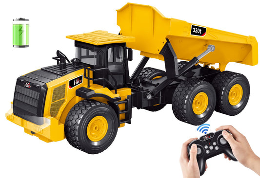 KIDDITOY Mighty RC dump truck with dump-bed showing sturdy build for outdoor play